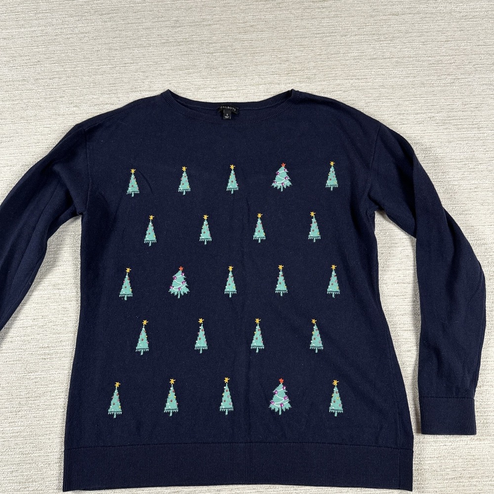 Talbots Christmas Sweater Womens S Navy Embroidered Tree Preppy Holiday Career